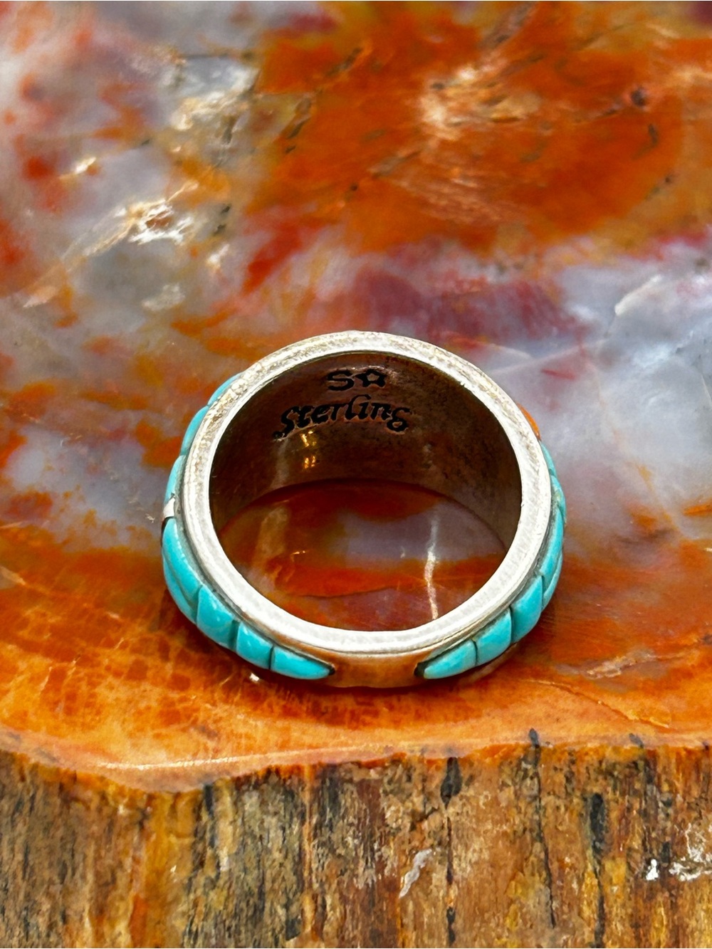 Southwest Turquoise and Coral Inlay Ring, sterling silver - Size 9 - Picture 5 of 7